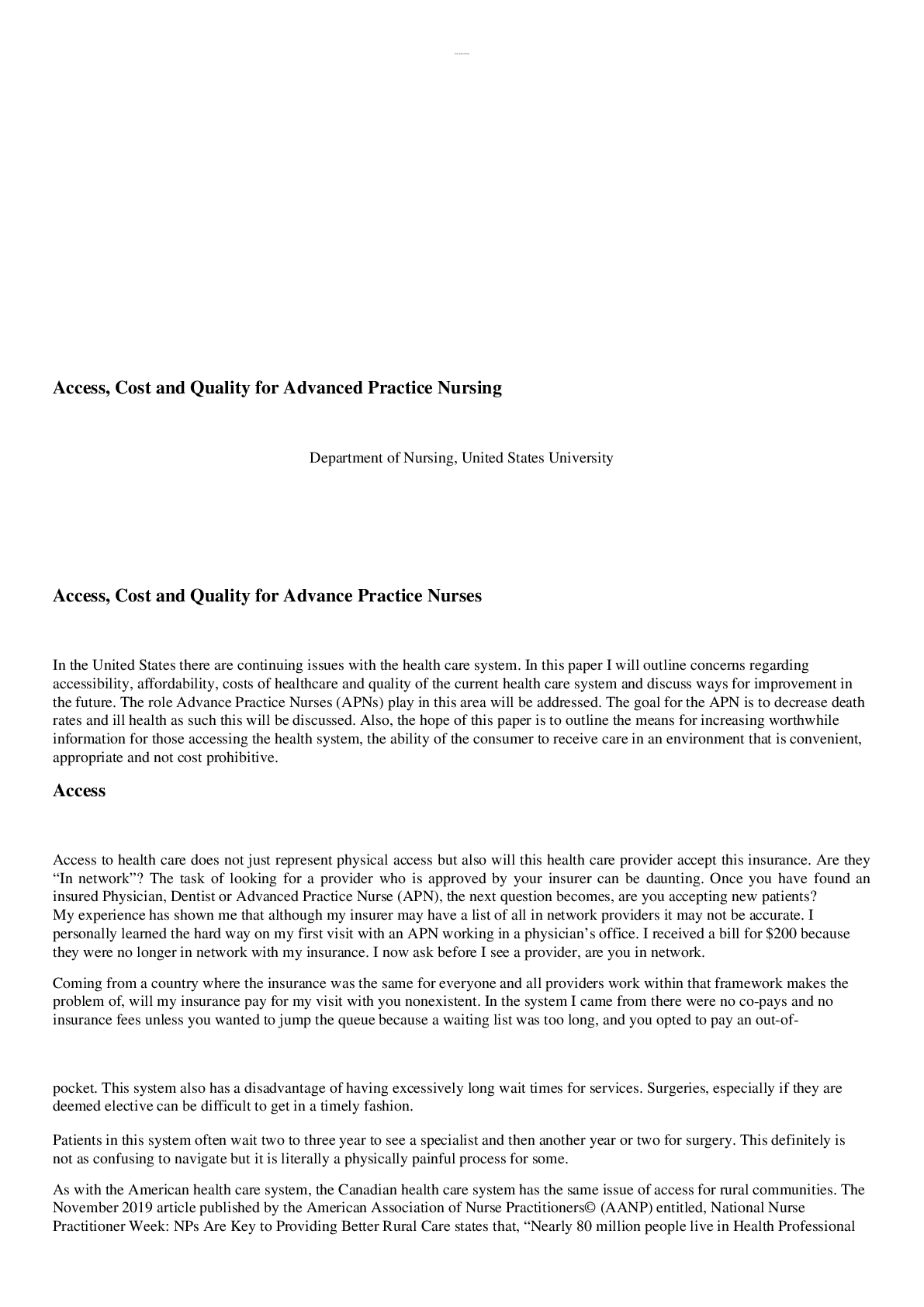 Preview image for MSN 560 Week 4 Access, Cost and Quality for Advanced Practice Nursing